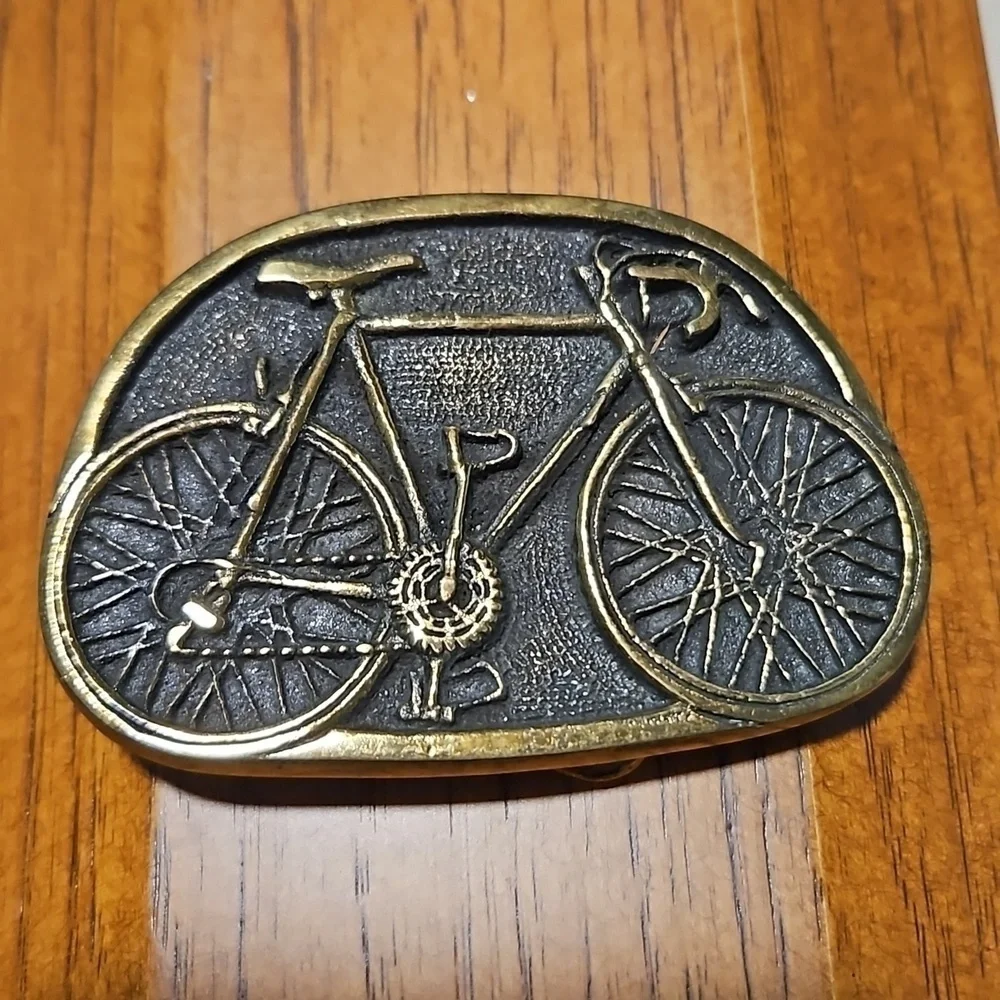 Vintage Brass Belt Buckle Racer Bicycle 1978 BTS 70s 3.25x2.25